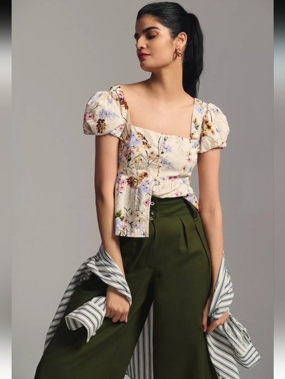 ANTHROPOLOGIE Peplum Puff Sleeve Square Neck French Country Floral Blouse NWOT - Picture 2 of 15